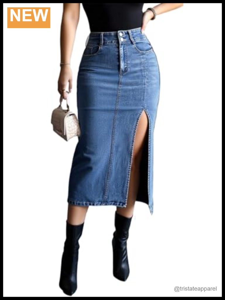 Midi Jean Skirt With Side Slit And Pockets, Stretch Denim, High Rise